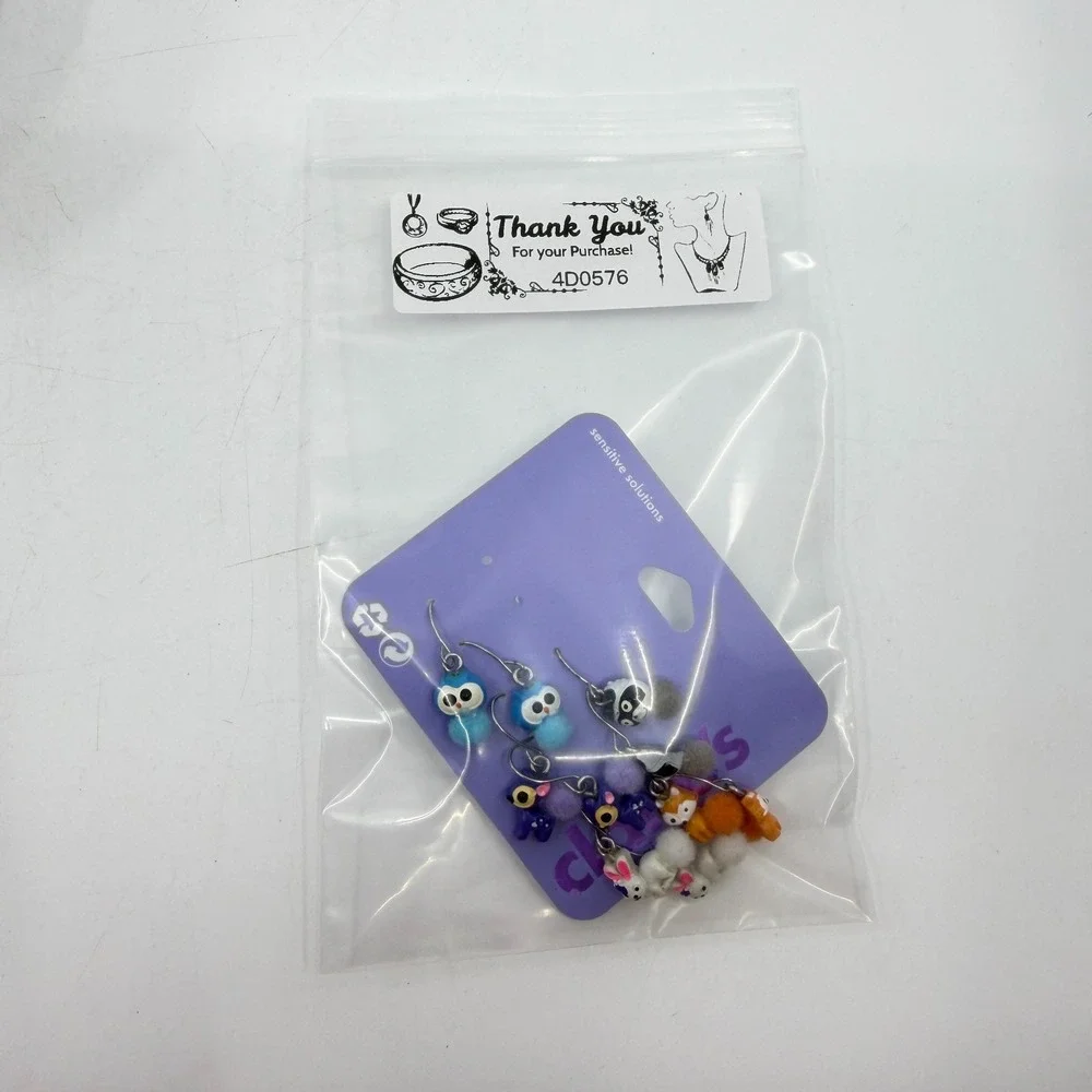 Claire's 6 Pair Animal Pom Pom Dangle Earrings Owl Bunny Fox Raccoon Cute Y2K